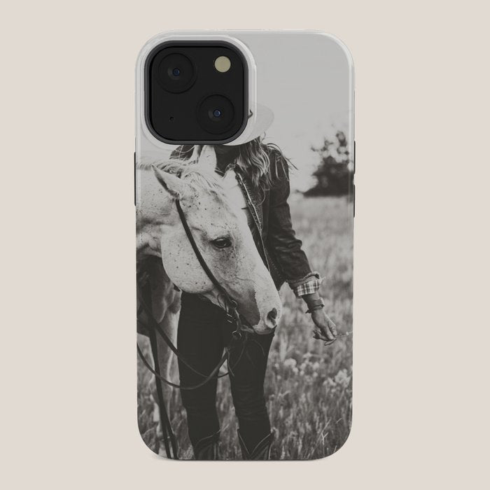 A Cowgirl & Her Horse - Black & White Photo iPhone Case