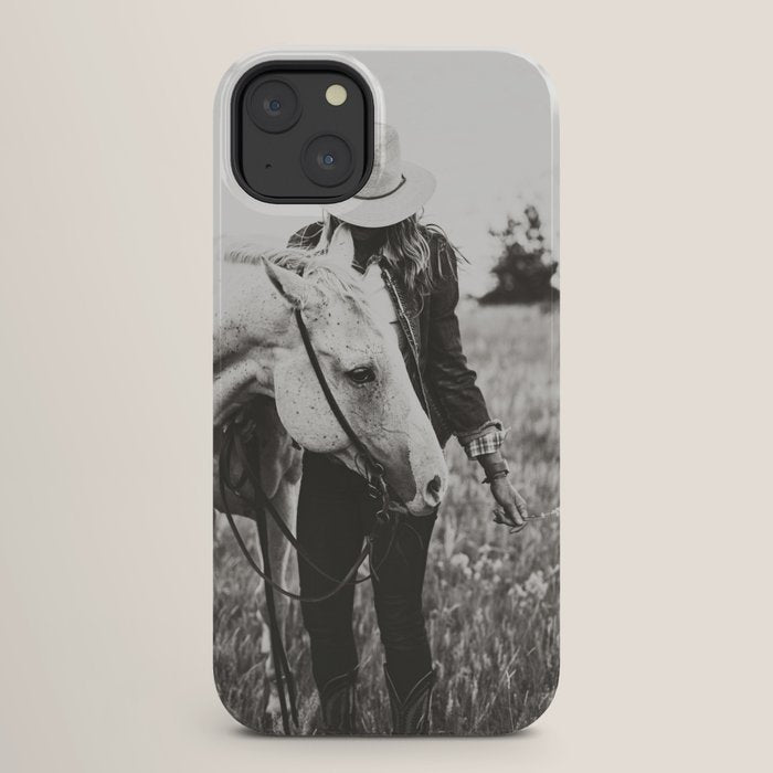 A Cowgirl & Her Horse - Black & White Photo iPhone Case