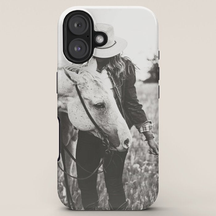 A Cowgirl & Her Horse - Black & White Photo iPhone Case
