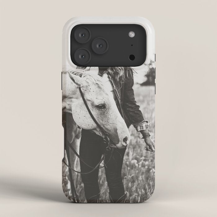 A Cowgirl & Her Horse - Black & White Photo iPhone Case