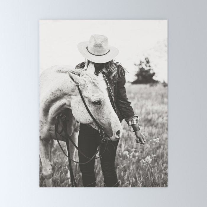 A Cowgirl & Her Horse - Black & White Photo Mini Art Print