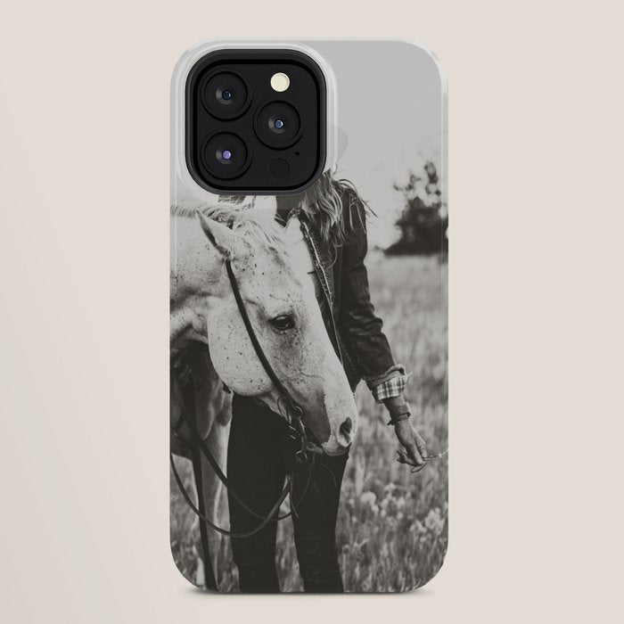 A Cowgirl & Her Horse - Black & White Photo iPhone Case