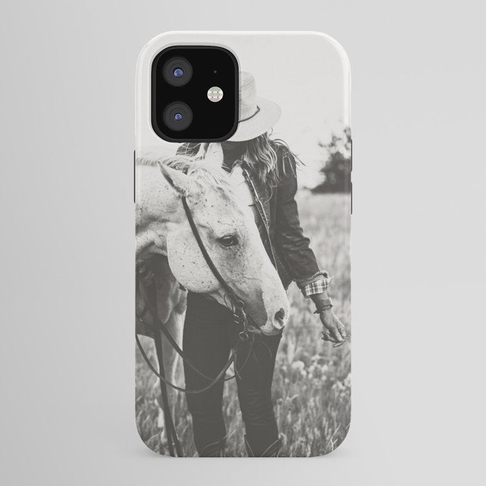 A Cowgirl & Her Horse - Black & White Photo iPhone Case