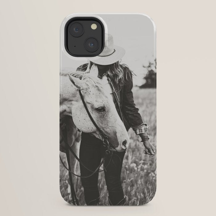A Cowgirl & Her Horse - Black & White Photo iPhone Case