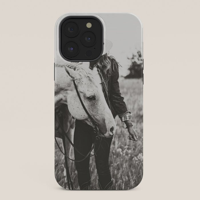 A Cowgirl & Her Horse - Black & White Photo iPhone Case