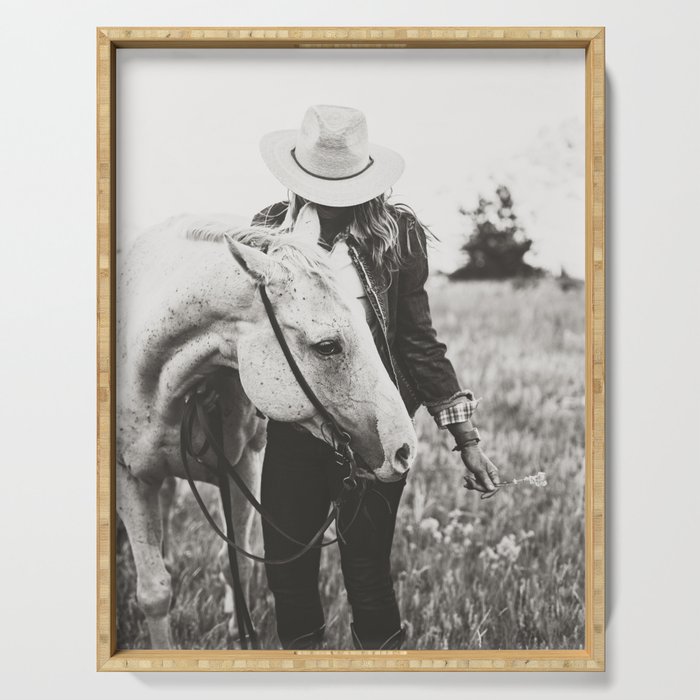 A Cowgirl & Her Horse - Black & White Photo Serving Tray