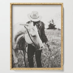 A Cowgirl & Her Horse - Black & White Photo Serving Tray