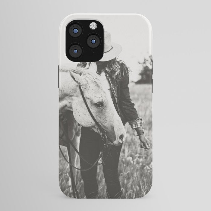 A Cowgirl & Her Horse - Black & White Photo iPhone Case