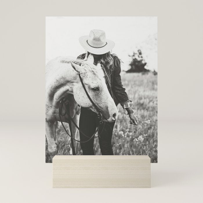 A Cowgirl & Her Horse - Black & White Photo Mini Art Print