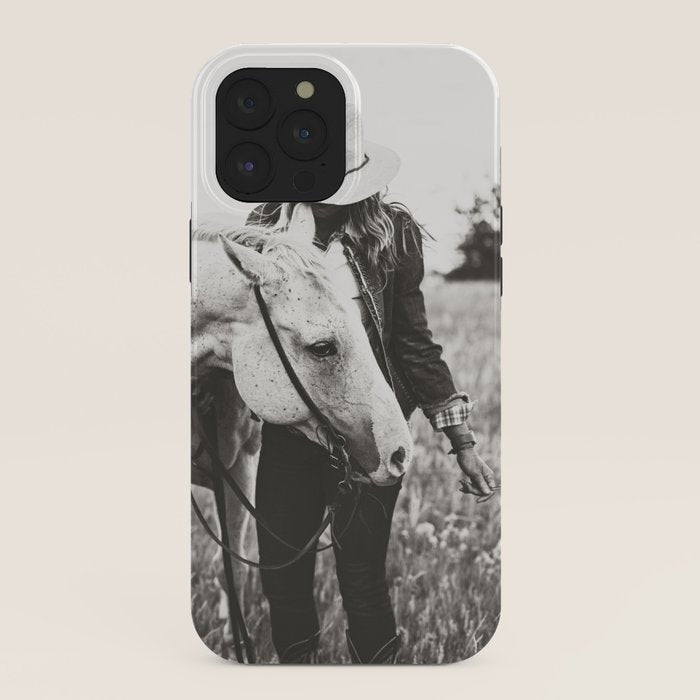 A Cowgirl & Her Horse - Black & White Photo iPhone Case