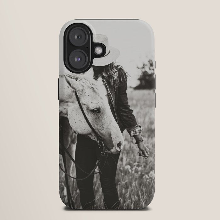 A Cowgirl & Her Horse - Black & White Photo iPhone Case