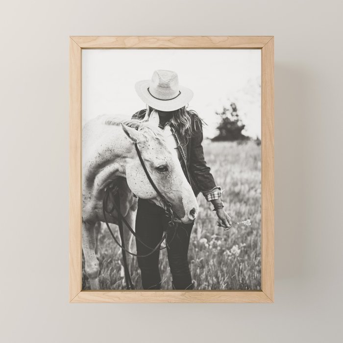 A Cowgirl & Her Horse - Black & White Photo Mini Art Print