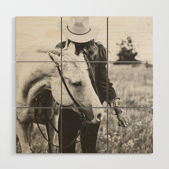A Cowgirl & Her Horse - Black & White Photo Wood Wall Art