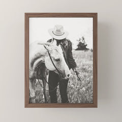 A Cowgirl & Her Horse - Black & White Photo Mini Art Print