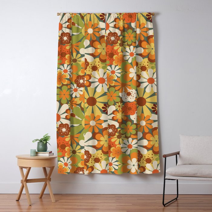 70's Retro Flowers Print Window Curtain