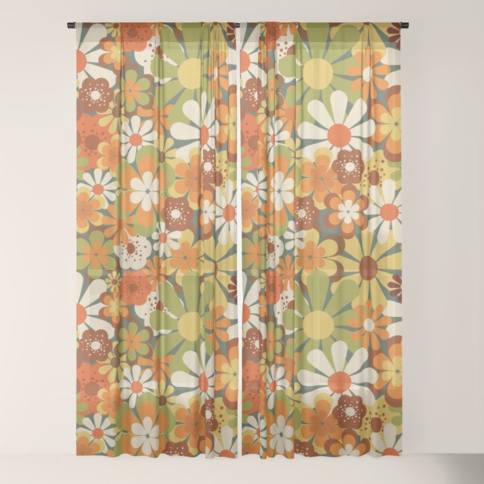 70's Retro Flowers Print Window Curtain