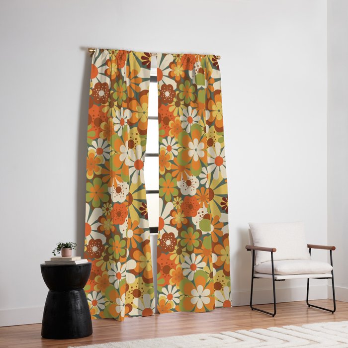 70's Retro Flowers Print Window Curtain