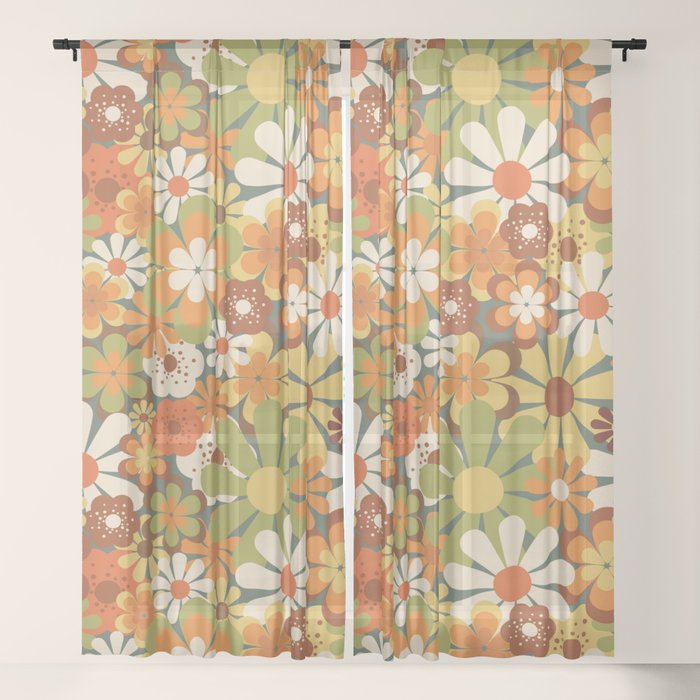 70's Retro Flowers Print Window Curtain