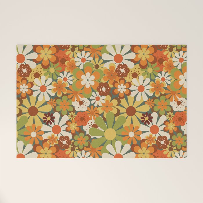 70's Retro Flowers Print Welcome Mat
