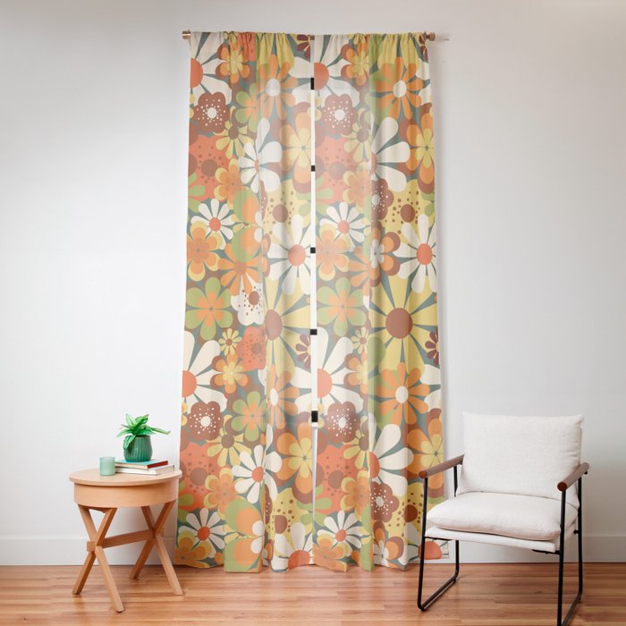 70's Retro Flowers Print Window Curtain