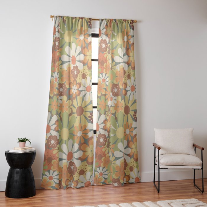 70's Retro Flowers Print Window Curtain