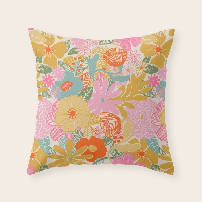 60's Retro Floral Throw Pillow