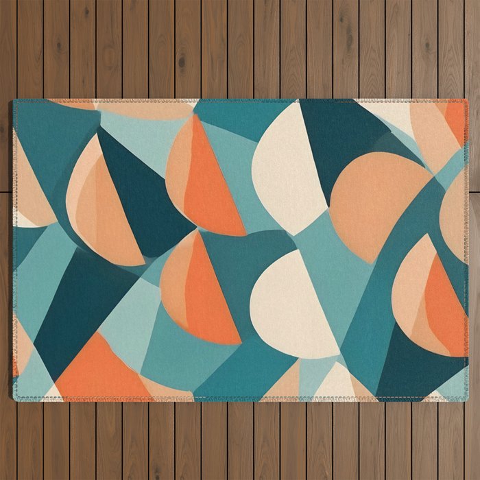 1/4 Cut, Abstract Fresh Fruits Citrus, Orange Lemon Illustration Scandinavian, Pastel Geometric Shapes eclectic Contemporary Modern Boho Outdoor Rug