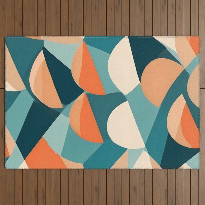 1/4 Cut, Abstract Fresh Fruits Citrus, Orange Lemon Illustration Scandinavian, Pastel Geometric Shapes eclectic Contemporary Modern Boho Outdoor Rug