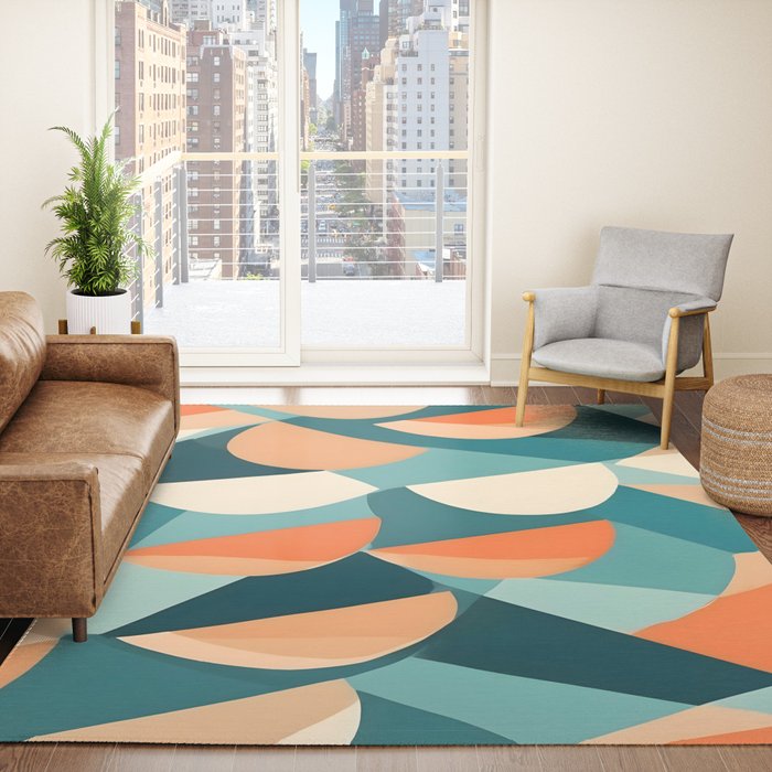 1/4 Cut, Abstract Fresh Fruits Citrus, Orange Lemon Illustration Scandinavian, Pastel Geometric Shapes eclectic Contemporary Modern Boho Rug