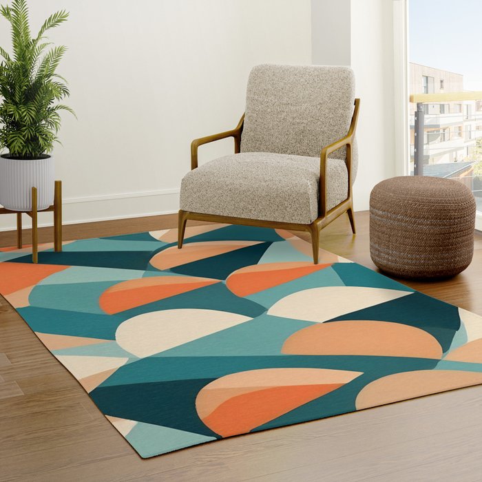 1/4 Cut, Abstract Fresh Fruits Citrus, Orange Lemon Illustration Scandinavian, Pastel Geometric Shapes eclectic Contemporary Modern Boho Rug