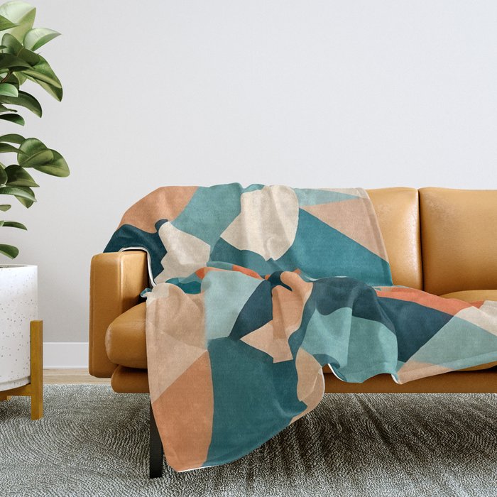 1/4 Cut, Abstract Fresh Fruits Citrus, Orange Lemon Illustration Scandinavian, Pastel Geometric Shapes eclectic Contemporary Modern Boho Throw Blanket