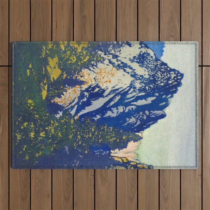 A Departure I - Mountain & Forest Nature Ukiyo Landscape in Blue, Green & Grey Outdoor Rug