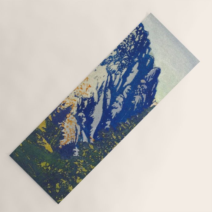 A Departure I - Mountain & Forest Nature Ukiyo Landscape in Blue, Green & Grey Yoga Mat