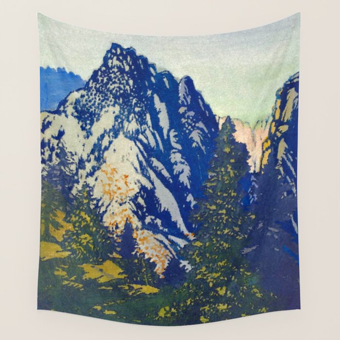 A Departure I - Mountain & Forest Nature Ukiyo Landscape in Blue, Green & Grey Wall Tapestry