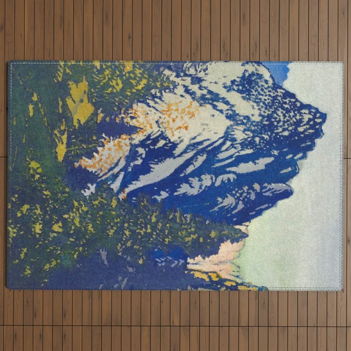 A Departure I - Mountain & Forest Nature Ukiyo Landscape in Blue, Green & Grey Outdoor Rug