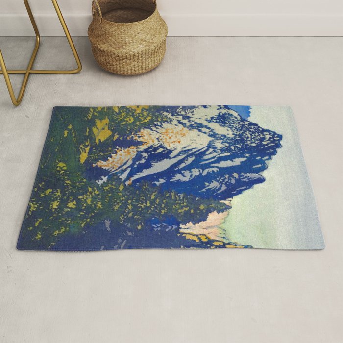A Departure I - Mountain & Forest Nature Ukiyo Landscape in Blue, Green & Grey Rug