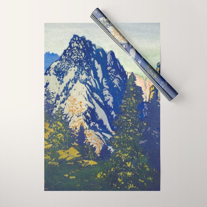 A Departure I - Mountain & Forest Nature Ukiyo Landscape in Blue, Green & Grey Wrapping Paper