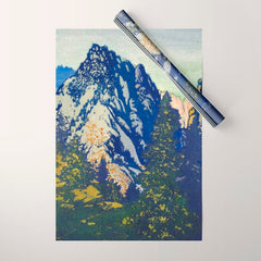 A Departure I - Mountain & Forest Nature Ukiyo Landscape in Blue, Green & Grey Wrapping Paper