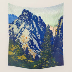 A Departure I - Mountain & Forest Nature Ukiyo Landscape in Blue, Green & Grey Wall Tapestry