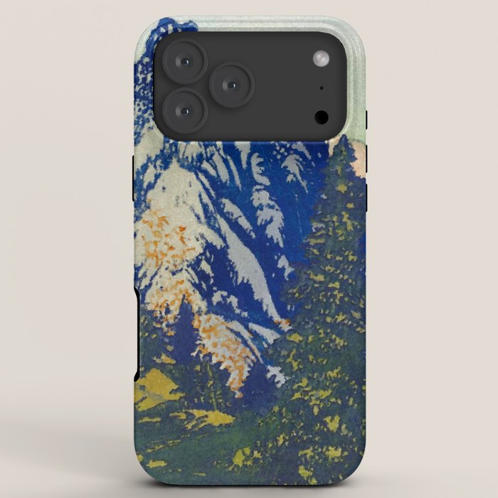 A Departure I - Mountain & Forest Nature Ukiyo Landscape in Blue, Green & Grey iPhone Case