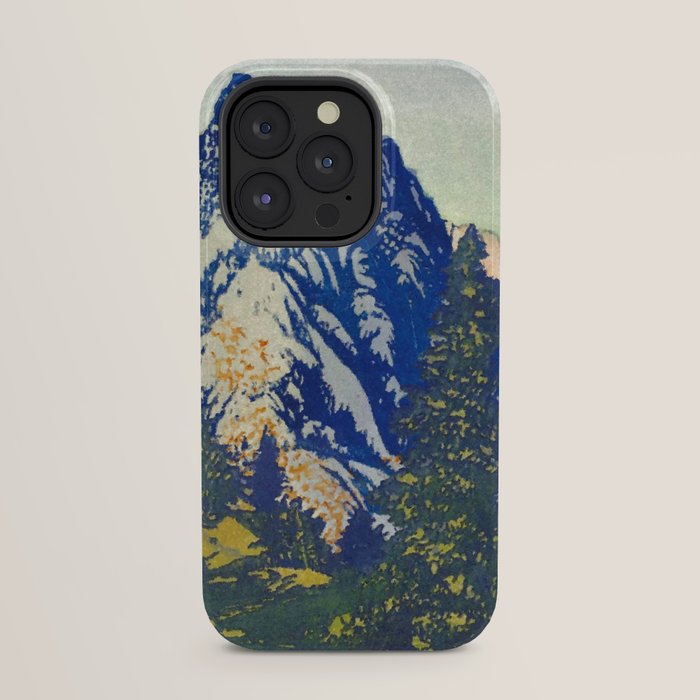 A Departure I - Mountain & Forest Nature Ukiyo Landscape in Blue, Green & Grey iPhone Case
