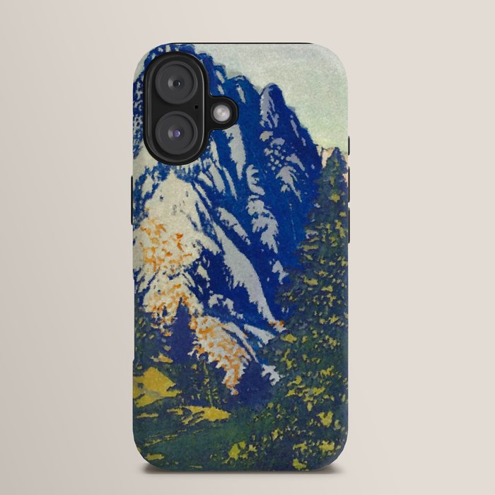 A Departure I - Mountain & Forest Nature Ukiyo Landscape in Blue, Green & Grey iPhone Case