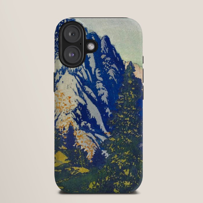 A Departure I - Mountain & Forest Nature Ukiyo Landscape in Blue, Green & Grey iPhone Case