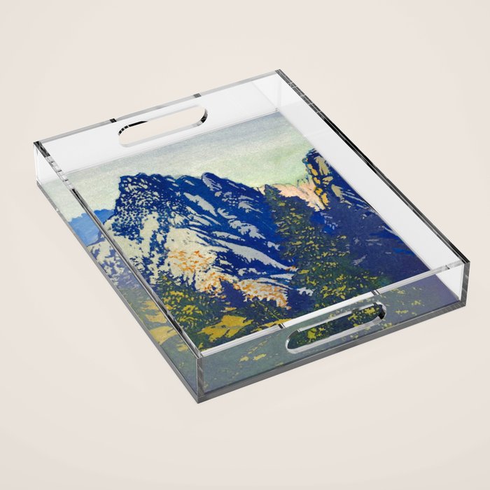 A Departure I - Mountain & Forest Nature Ukiyo Landscape in Blue, Green & Grey Acrylic Tray