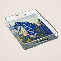 A Departure I - Mountain & Forest Nature Ukiyo Landscape in Blue, Green & Grey Acrylic Tray