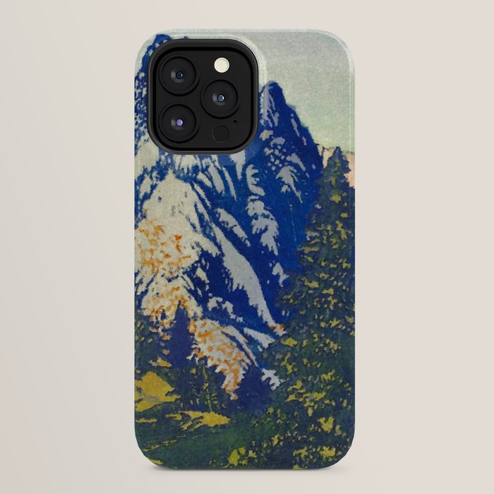 A Departure I - Mountain & Forest Nature Ukiyo Landscape in Blue, Green & Grey iPhone Case