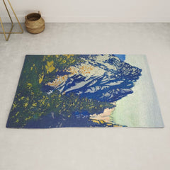 A Departure I - Mountain & Forest Nature Ukiyo Landscape in Blue, Green & Grey Rug