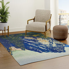 A Departure I - Mountain & Forest Nature Ukiyo Landscape in Blue, Green & Grey Rug