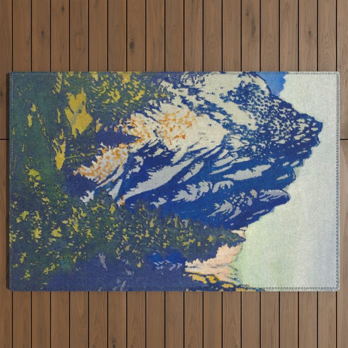 A Departure I - Mountain & Forest Nature Ukiyo Landscape in Blue, Green & Grey Outdoor Rug