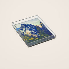 A Departure I - Mountain & Forest Nature Ukiyo Landscape in Blue, Green & Grey Acrylic Tray
